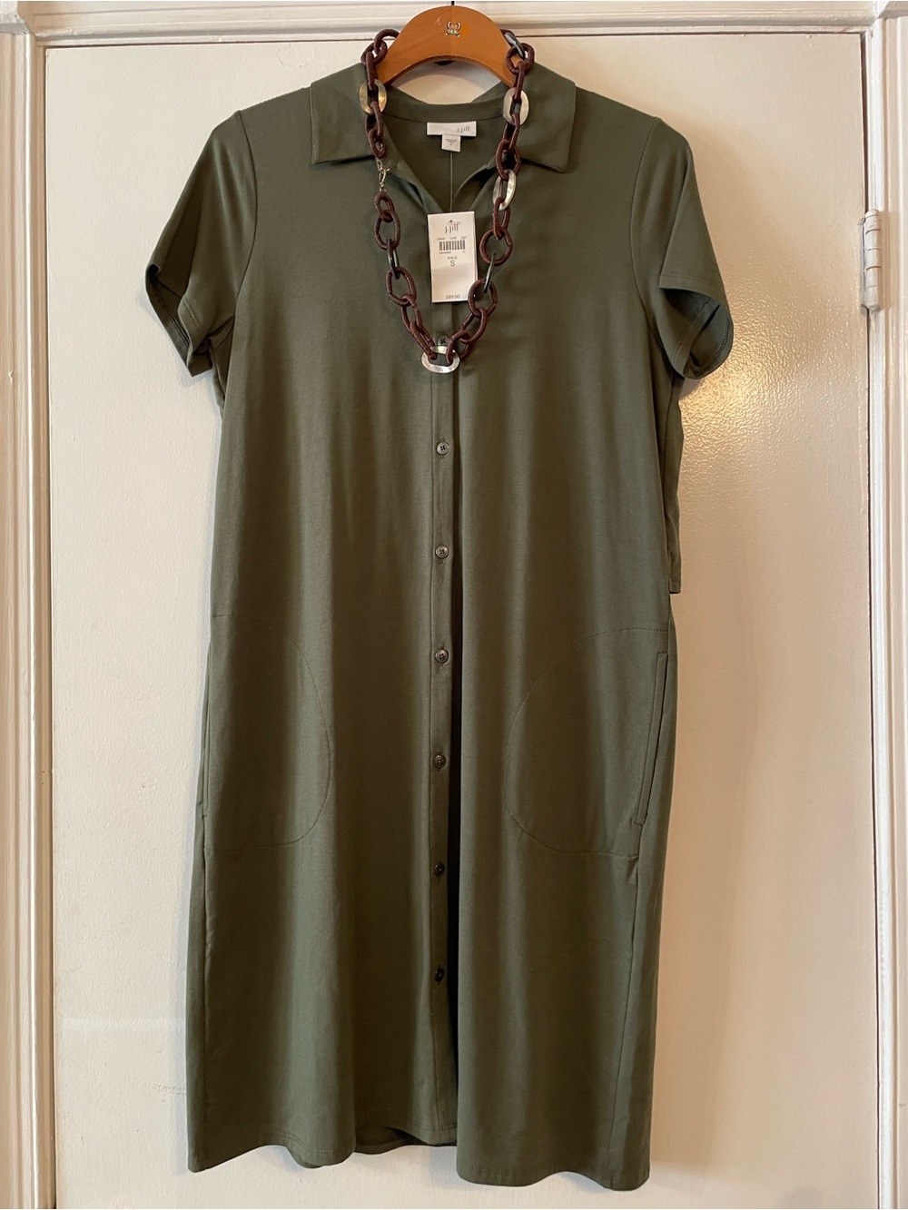 NWT J. Jill Women's Olive Green Button-Front Polo Dress w/ Pockets / Small